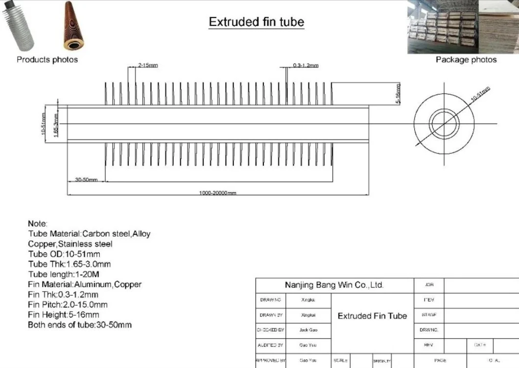 High Frequency Welded Finned Tube and Stainless Steel Tube with Aluminium Fins for Cooler or Heat Exchange Parts